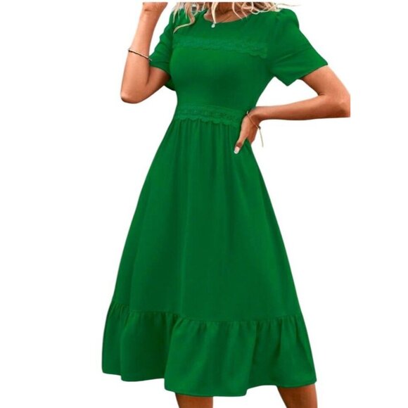 Women's Puff Sleeve Midi Dress Green Lace Insert Ruffle Hem Sz Medium 6 - Picture 14 of 16